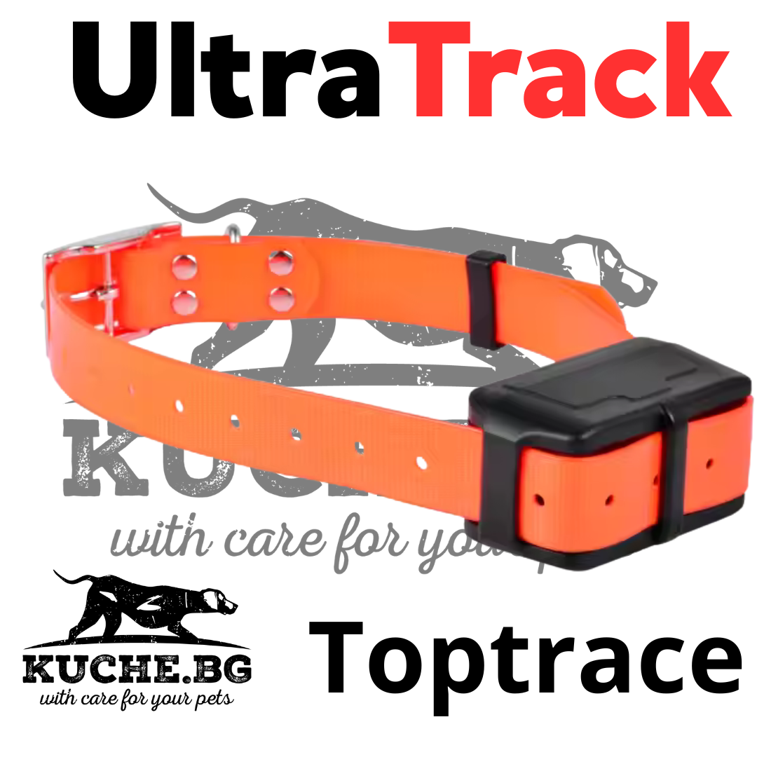 GPS тракер UltraTrack Toptrace с оранжева каишка за ловни кучета, 4G свързаност, водоустойчив.